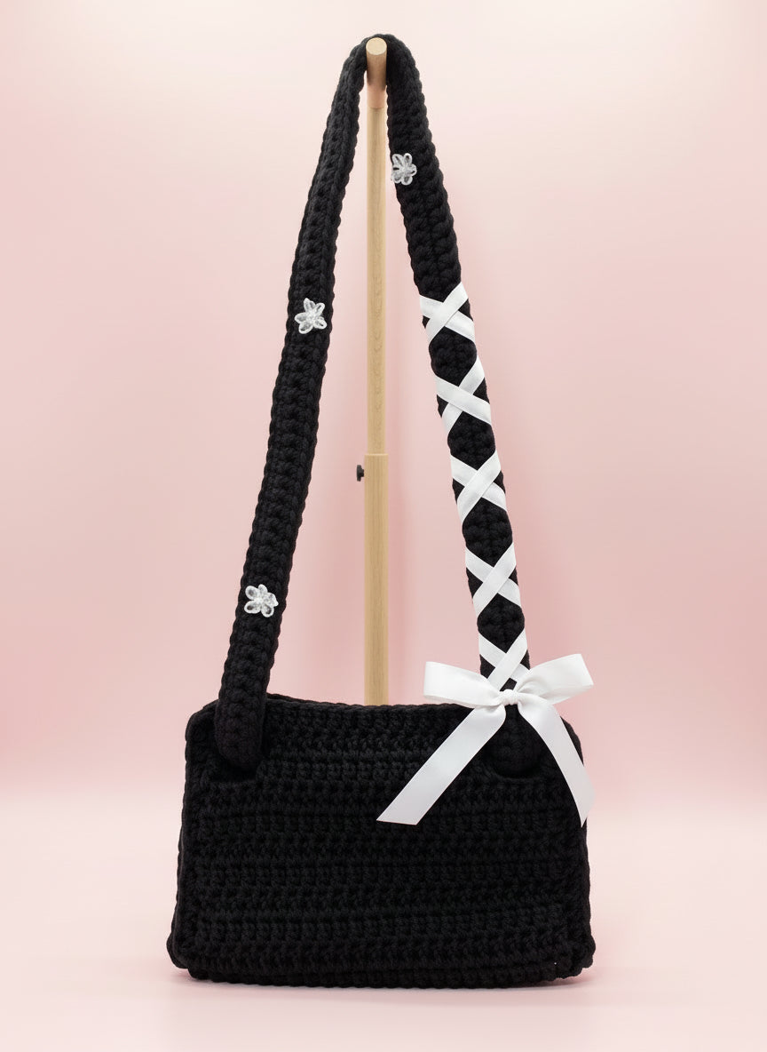 Black crochet bag with white ribbon 