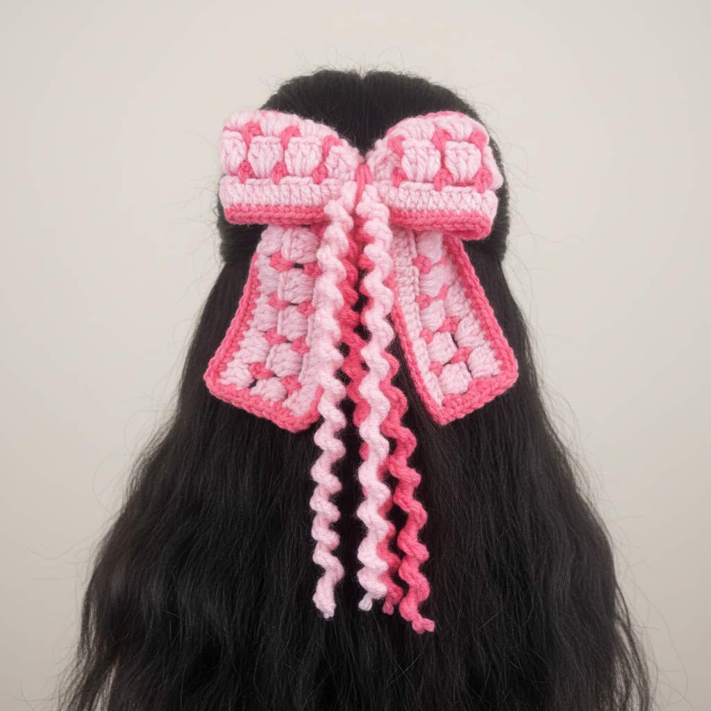 Pink Crochet Bow - Hair Shot 3